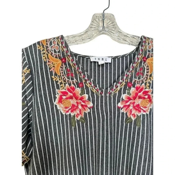 THML Anthropologie Embroidered Dress Cotton Grey Striped Floral Size Medium - Picture 3 of 9